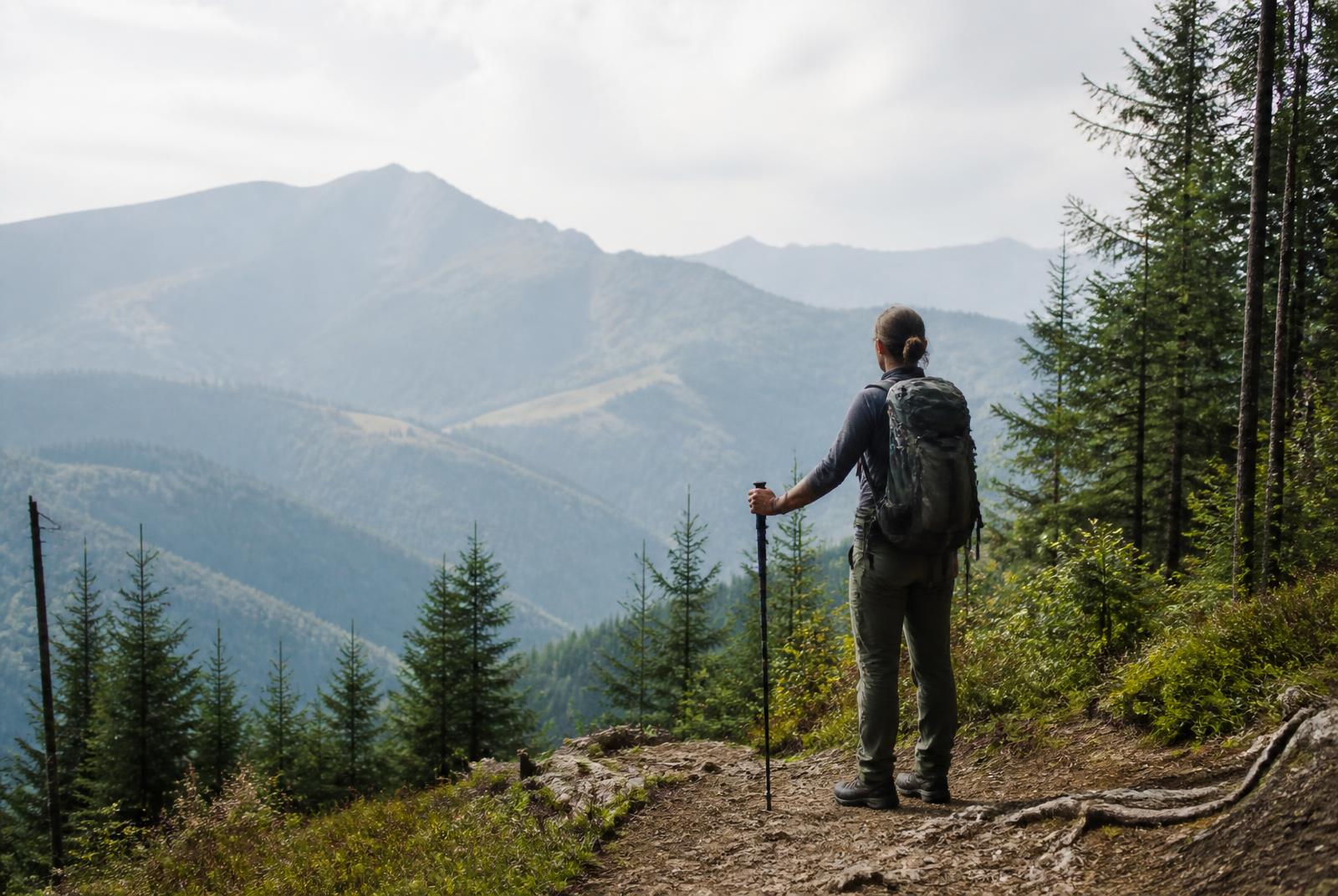 Wanderin mit Rucksack und Wanderstock auf einem natürlichen Waldweg